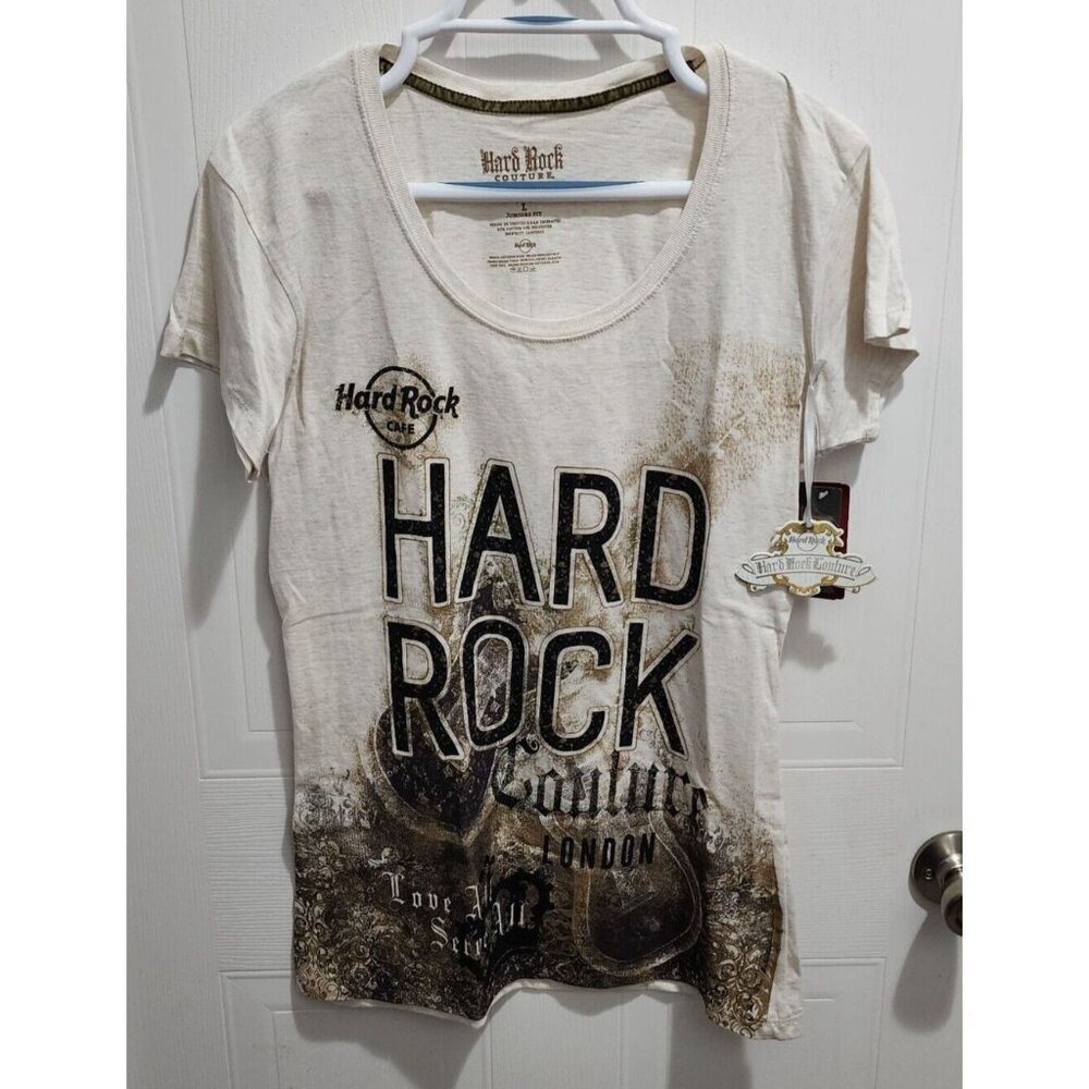 NEW Hard Rock Couture London Women's Short Sleeve Tee Shirt Top Jeweled Junior L